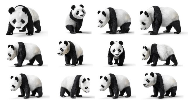 Photo realistic wild predator panda animal  set collection. Isolated on white background 
