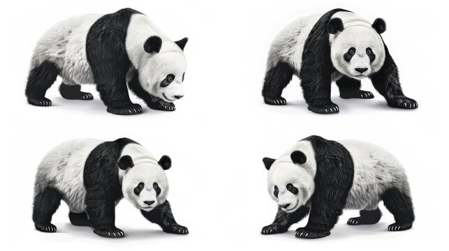 Photo realistic wild predator panda animal  set collection. Isolated on white background 