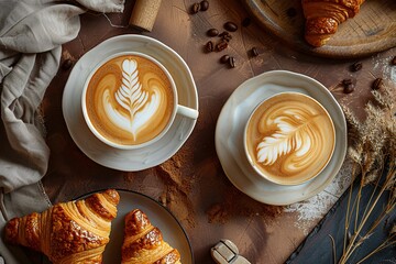 A warm and inviting coffee scene: Two latte mugs with intricate latte art rest beside golden croissants, all bathed in a soft, creamy light against a rich dark brown background