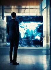 Fototapeta na wymiar business man looking at map a business man (defocus) standing behind a transparent wall with modern screen and earth