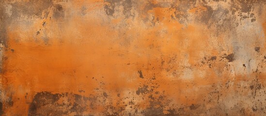 A closeup of a weathered metal surface with tones of brown and amber, resembling natural landscape. The rust spots create an artistic contrast against the background of wood, grass, and plants