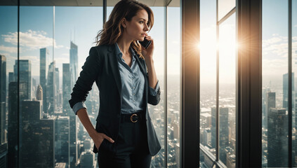 Confident Businesswoman on Call Overlooking City Skyline at Sunset