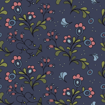 Black and white floral seamless pattern of hand-drawn elements.