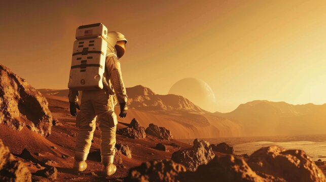 Astronaut in Spacesuit Walking on Rocky Surface.