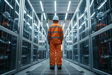 Engineer and robot working together in industrial server room
