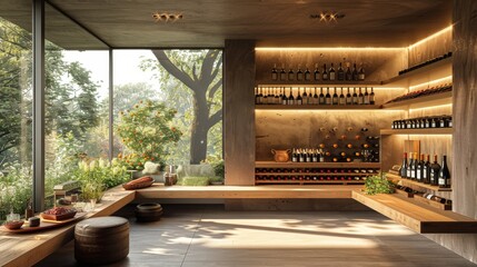 Elegant Italian minimalist wine cellar with wooden shelves and scenic view