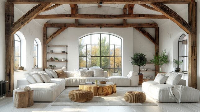 Elegant minimalist Italian loft with exposed wooden beams and chic decor