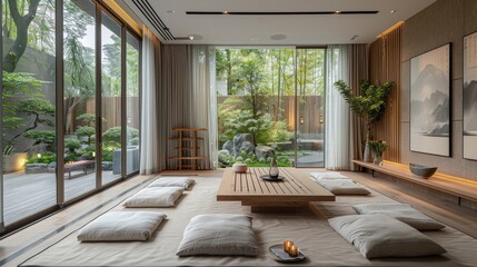 Minimalist Japanese living room with traditional tatami mats and natural light - obrazy, fototapety, plakaty