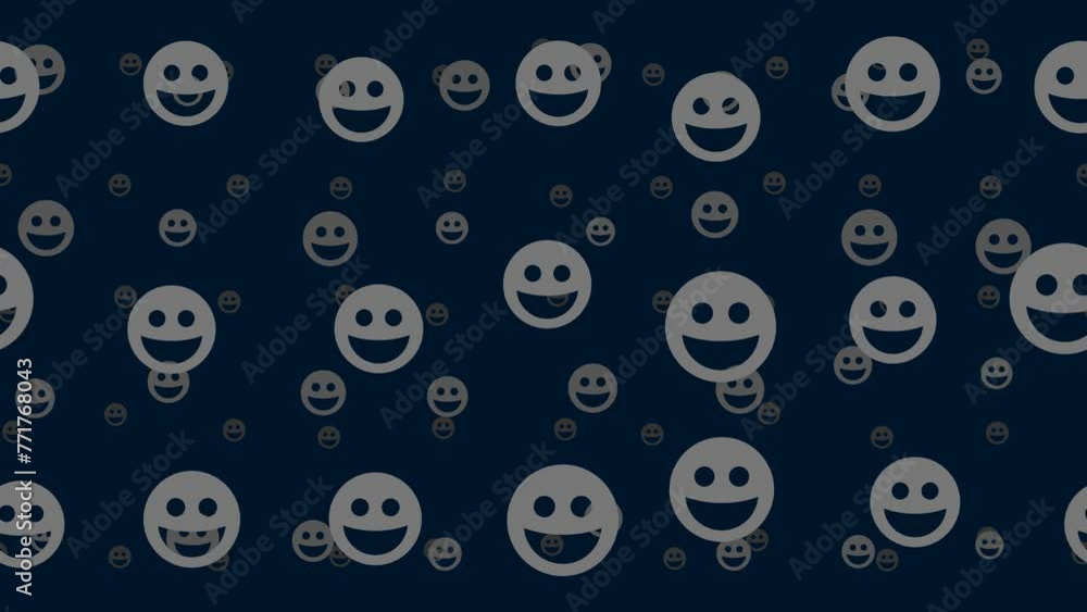 Poster laughter smiley symbols float horizontally from left to right. parallax fly effect. floating symbols