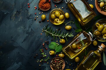 Green olives and bottles of olive oil with spices and herbs