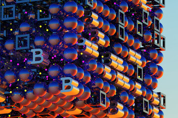 Fototapeta na wymiar Abstract futuristic concept of Bitcoin mining and artificial intelligence. 3d rendering illustration