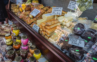 Romanian Kashkaval cheese on a food market in Bran town, Romania
