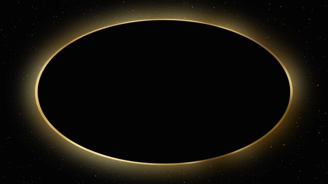 Black ellipse with golden edging on black background with flying particles. Animation of a deluxe frame for text and advertising products.