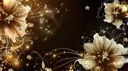 An elegant floral abstract background with glittering golden flowers and swirling patterns