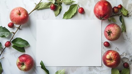 A flat lay of apples surrounding a blank white card on a marble background