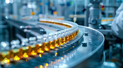 A glimpse of the medical ampoule production line within a modern pharmaceutical factory, where glass ampoules are being filled as part of the medication manufacturing process. - obrazy, fototapety, plakaty