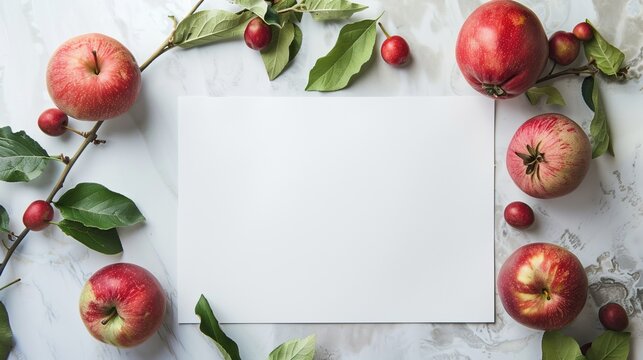 A flat lay of apples surrounding a blank white card on a marble background
