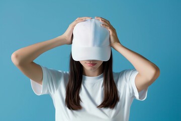 Woman wearing blank white baseball cap, mockup