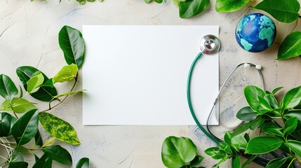 A blank white canvas surrounded by green leaves, a stethoscope, and a small globe, symbolizing global health and environmental care - obrazy, fototapety, plakaty