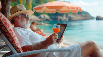 Senior man relaxing on a beach chair with a tablet and a drink, wearing a hat, glasses, and a white shirt, with a beach umbrella and ocean in the background.