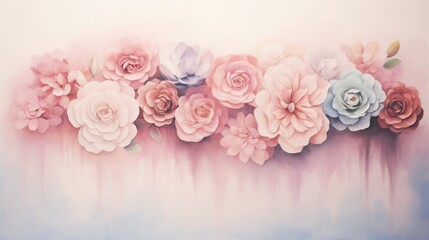 Obraz na płótnie Canvas Beautiful floral background with blooming roses and eucalyptus, soft peach colors, white backdrop, banner for design, closeup, blurred foreground 