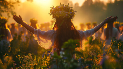 Woman with arms raised in joy is surrounded by people celebrating the Midsummer Summer Solstice festival, wearing white linen and flower crowns on their head.
