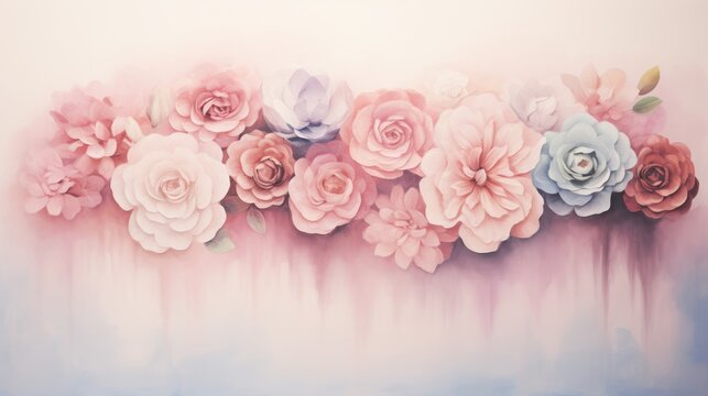 Beautiful floral background with blooming roses and eucalyptus, soft peach colors, white backdrop, banner for design, closeup, blurred foreground 