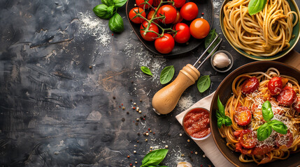 Italian pasta with tomatoes and basil on dark background, cooking, leaf, table, freshness