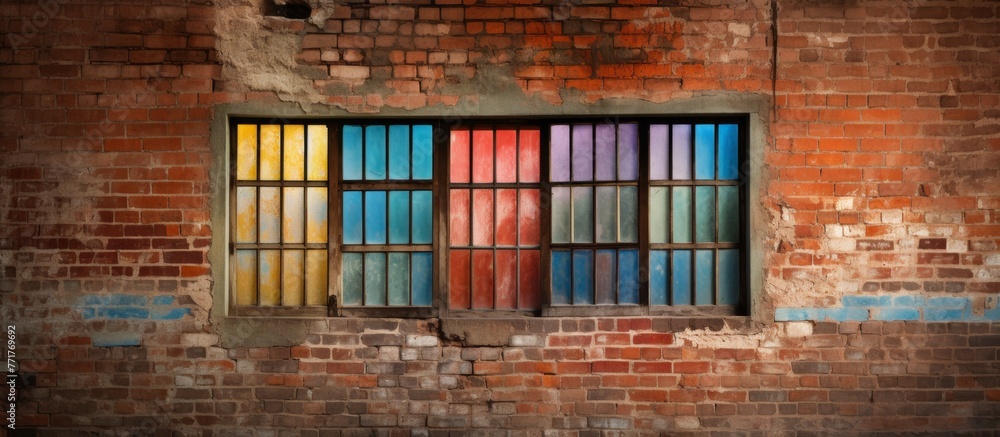 Poster a building material made of brickwork forms a facade with a stained glass window, blending art and a