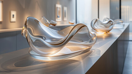 Modern glass sculptures in art gallery