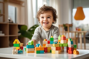 Young kid playing with blocks at home.