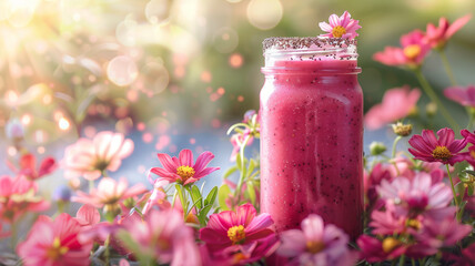 Glass jar of pink smoothie among flowers. - obrazy, fototapety, plakaty