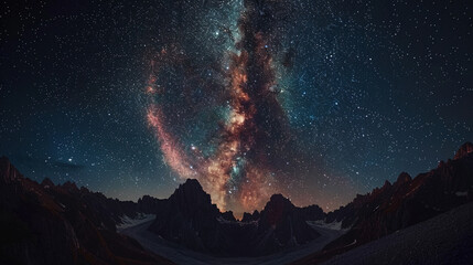 Milky way glows above mountain peak at dusk, AI Generative.