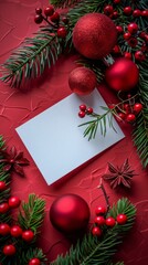 Obraz premium Red Background With Christmas Decorations and Pine Cones