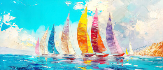 Colorful sailing boats oil painting - obrazy, fototapety, plakaty