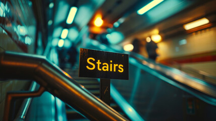 Sign indicating stairs next to an escalator.