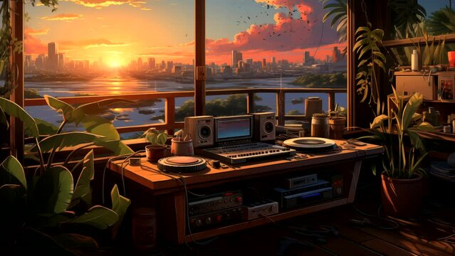Lofi chill radio studio with ocean view during sunset. seamless looping 4k time-lapse animation video background