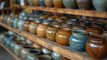 Rows of ceramic pottery on shelves