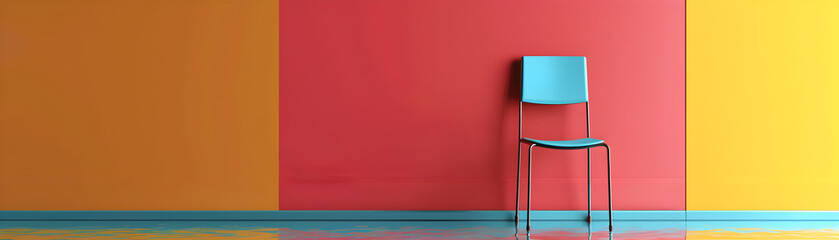 Obraz premium An attention-grabbing image of a single modern chair against a vibrant, two-toned wall with reflective flooring
