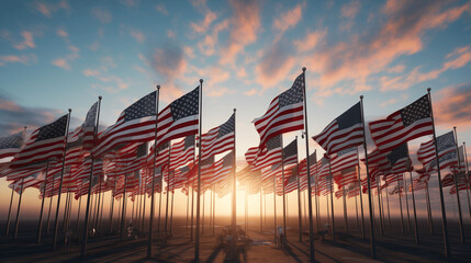 Each flag tells a story of bravery and commitment, standing tall in the fading light. - obrazy, fototapety, plakaty