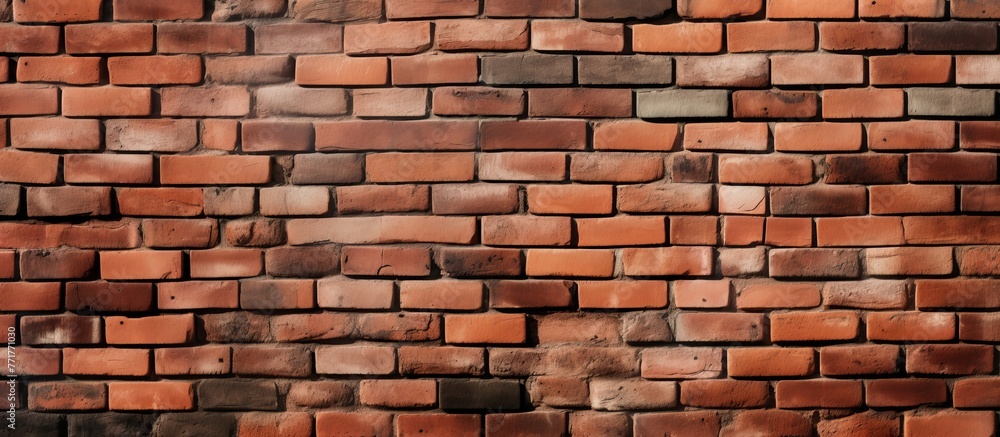 Poster a detailed shot showcasing the symmetry and pattern of a brown brick wall. the rectangle bricks are 