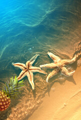 Yellow pineapple and starfish on a blue water background. - 771771053