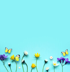 Set with beautiful meadow flowers on blue background. - 771771266