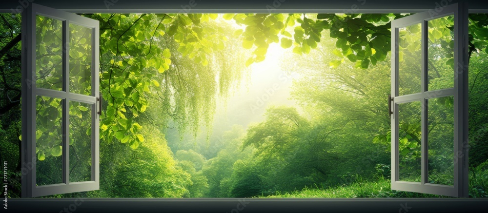 Poster the green natural landscape with a rectangular window frames a view of the sun shining through the t