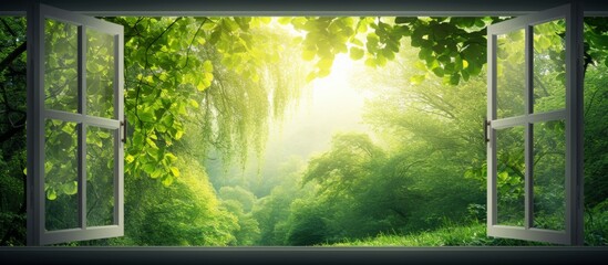 The green natural landscape with a rectangular window frames a view of the sun shining through the trees, grass, and terrestrial plants in the forest, casting tints and shades across the sky