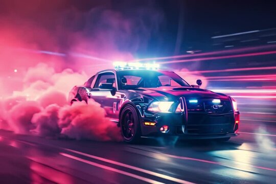 Police car with active turbo engine in soft lighting with smoke billowing on a fast road at night