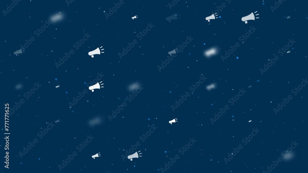 Poster template animation of evenly spaced megaphone symbols of different sizes and opacity. animation of t