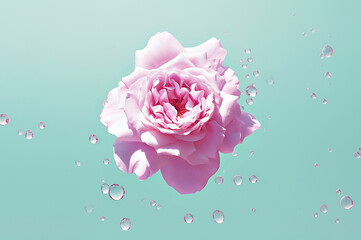 A vivid pink rose suspended among crystal-clear water droplets against a soothing mint green background, a delicate and fresh portrayal for peaceful and romantic visual concepts. - 771771645