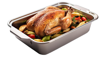 Fototapeta premium Roasted whole chicken with vegetables in a metal container isolated in no background