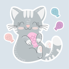 Vector sticker with a cute gray cat and cat food in the form of fish